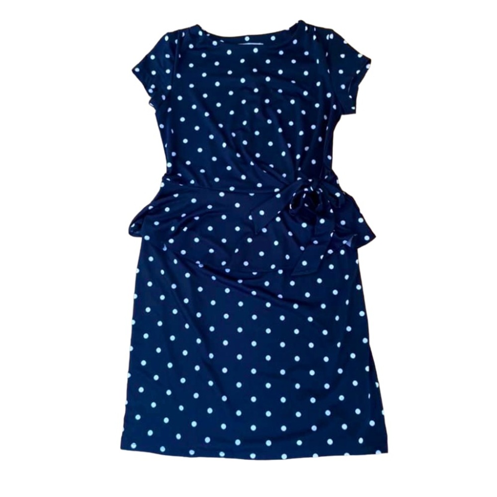SHELBY & PALMER Dark Navy Blue Polka Dot Waist Ruffle Office Casual Dress Size S